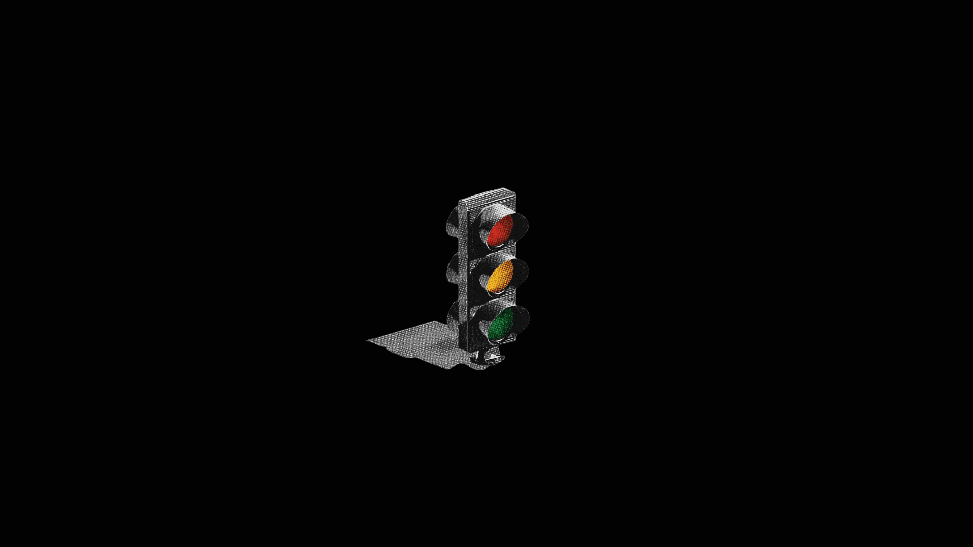 Traffic light on black background representing the feedback loop concept — green for aggressive, yellow for caution, red for defensive