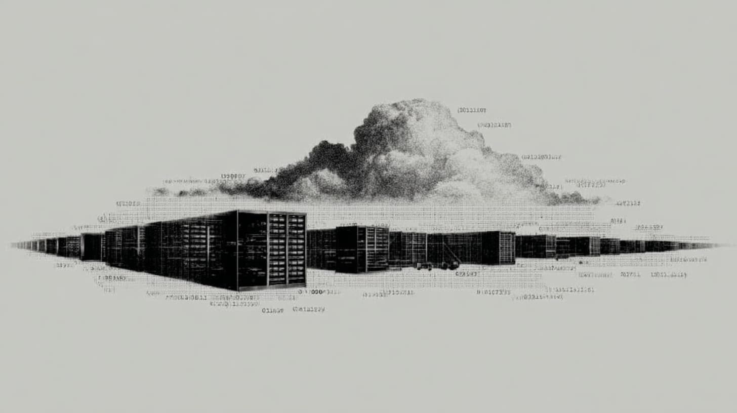 Data center servers receding to the horizon with a cloud above, scattered binary fragments — the infrastructure powering the AI stack.