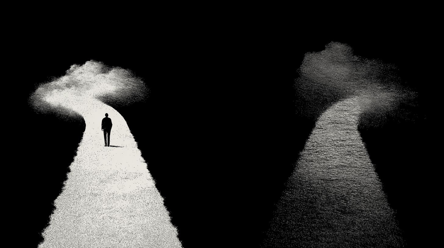 Black-and-white illustration of a lone figure facing two diverging paths, one bright and one shadowed.